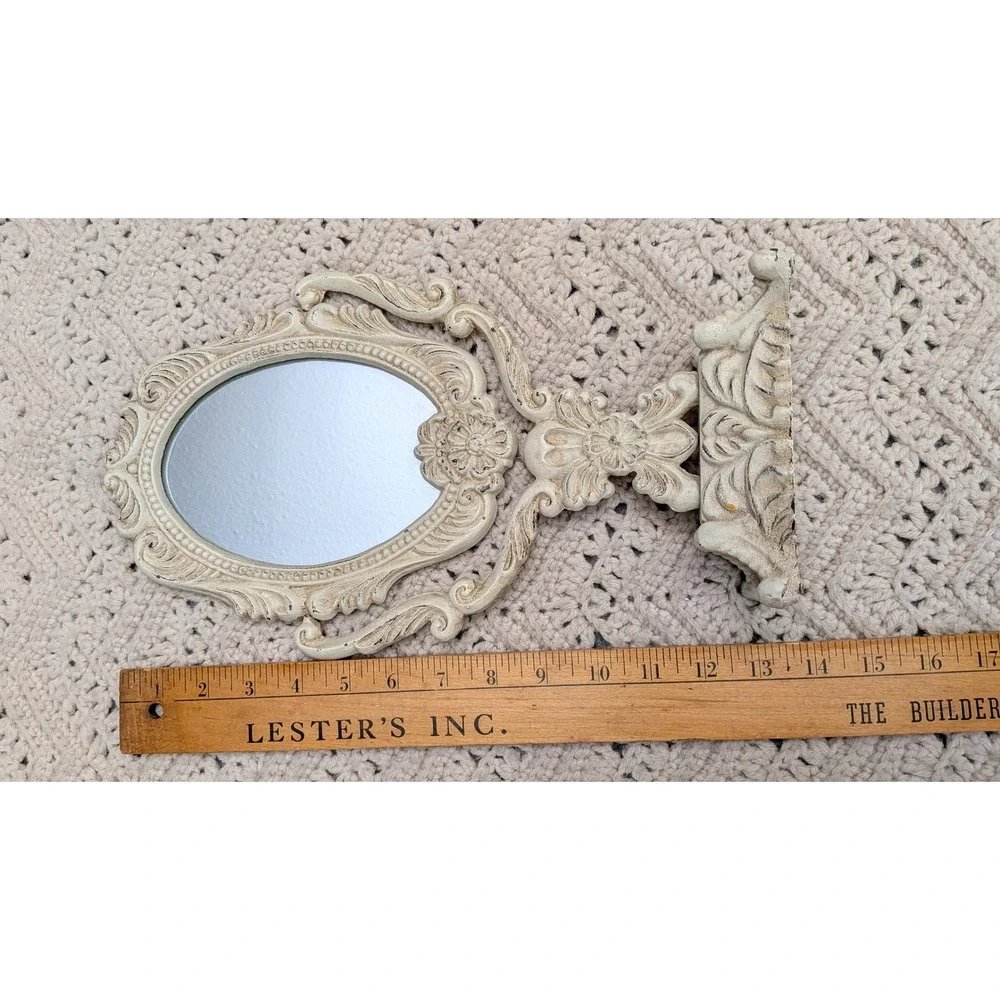 Vintage Ornate Cast Metal Swivel Vanity Mirror Distressed Cream Shabby Chic 13in